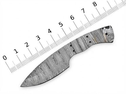 Full tang Damascus hunting knife blank with silver-gray layered pattern, curved pointed blade and five mounting holes in an exposed metal handle section.