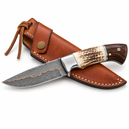 Damascus Pattern Hunting Knife with copper-colored blade accent, cream antler-look and dark wood-look handle, pictured over brown stitched sheath.