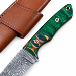 Damascus Steel Hunting Knife with silver-and-black patterned blade, emerald green decorative handle, mosaic pins, and brown stitched leather-style sheath.