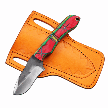 Custom fixed blade hunting knife featuring a curved two-tone steel blade, colorful red green and yellow handle, decorative starburst patterns, and lanyard hole