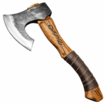 Runic Viking Bearded Axe with dark textured metal head, silver curved blade edge, golden-brown wooden handle, black geometric marking and brown wrapped grip