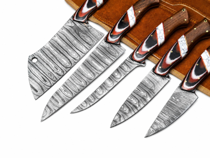 Damascus Knife Set featuring patterned kitchen blades, decorative multicolor handles, chef-style knives, cleaver-style knives, and a brown knife roll.