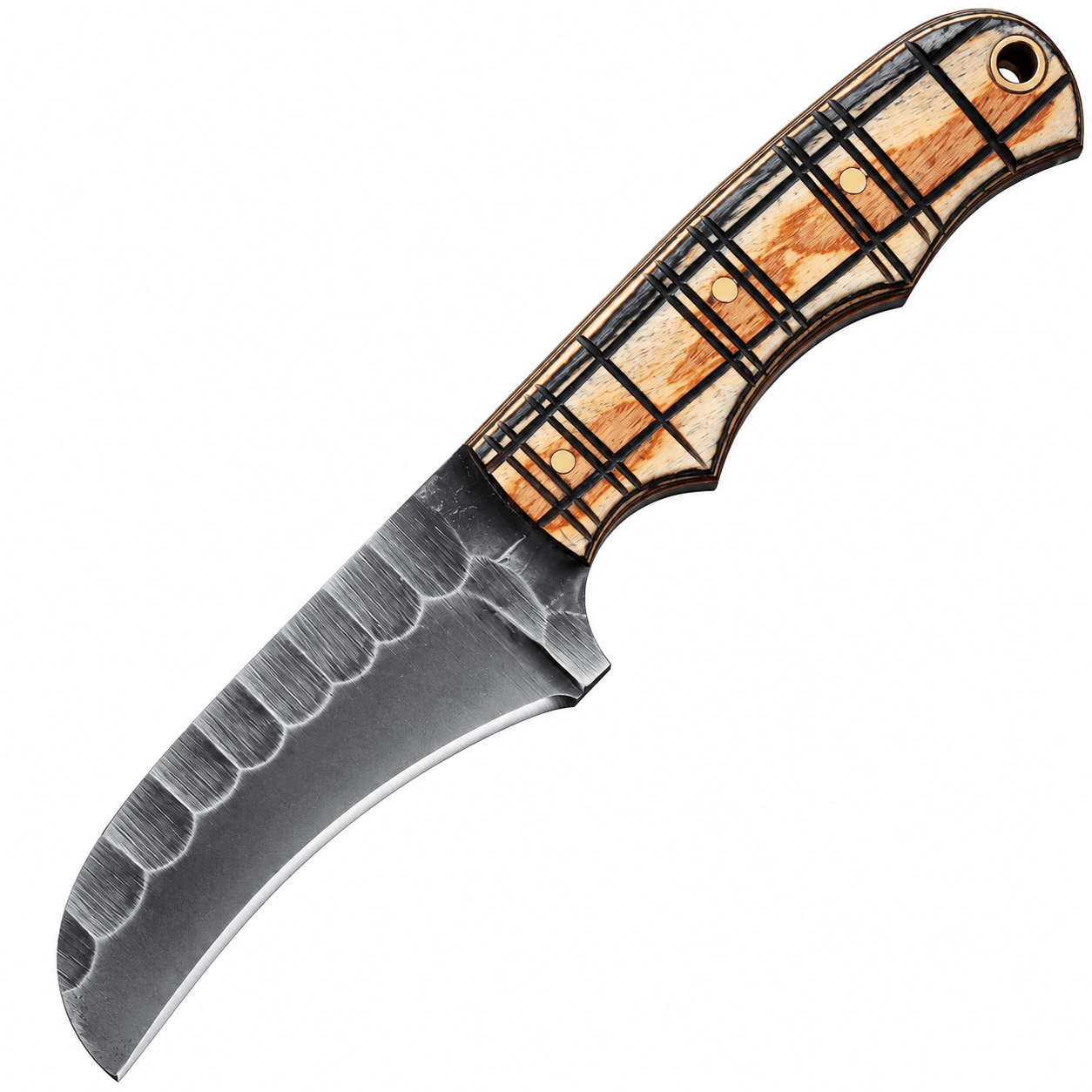 Curved Blade Hunting Knife with Decorative Wood Handle Curved blade hunting knife with dark gray steel blade, decorative cream-and-brown wood-grain handle, black geometric inlays, three brass-colored pins, and lanyard hole