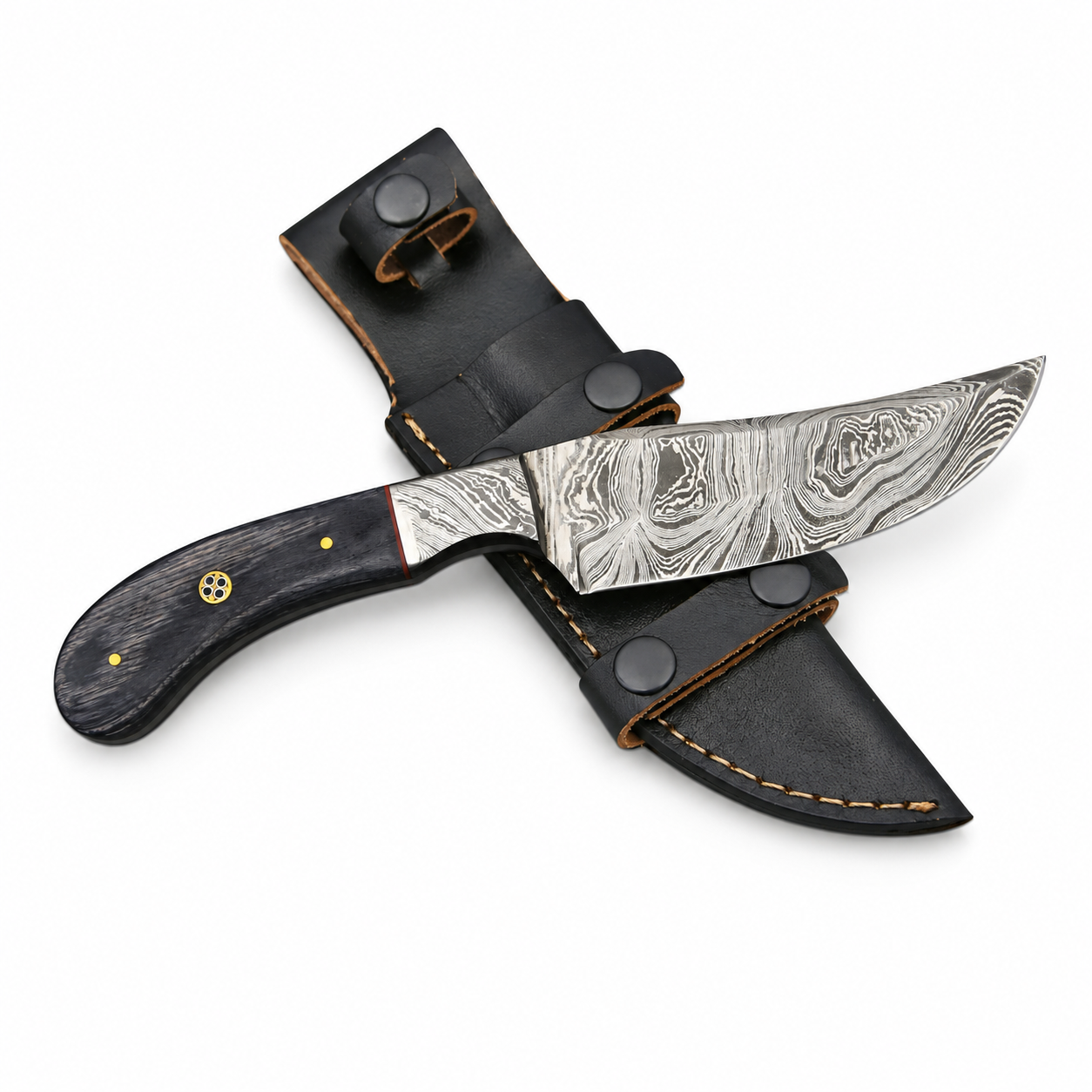 Black handle fixed blade knife with a silver-grey Damascus-style pattern, mosaic-style pin, gold-tone pins, and red spacer