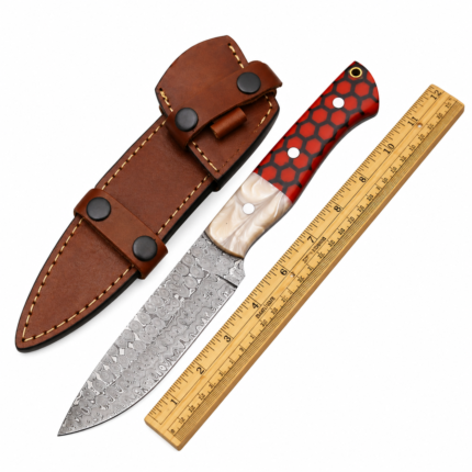 Red Honeycomb Damascus Knife with silver-gray patterned blade, red-and-black hexagonal handle, cream-white accent and brown double-strap sheath