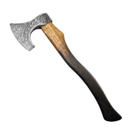 Engraved Viking Axe with Curved Two-Tone Wooden Handle