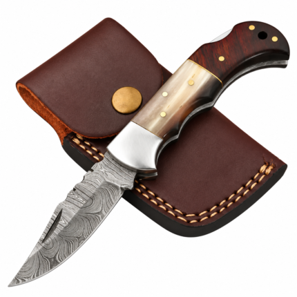 Damascus Folding Knife with Horn-Style and Wooden Handle