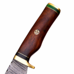Patterned Fixed Blade Hunting Knife with silver and dark layered-look blade, brown wood-grain handle, gold-tone guard and green end accent
