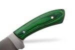 Green Handle Hunting Knife with smooth silver drop-point blade, green-and-black wood-grain-look grip and reddish-brown stitched sheath