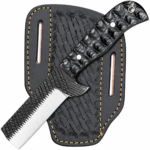 Textured handle cleaver-style knife with a straight silver-colored blade, black diamond-patterned upper surface, and curved crosshatch handle with two circular metallic details