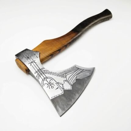 Engraved Viking Axe featuring a silver curved axe head with dark geometric Nordic-style markings and a long golden-brown wooden handle with black lower finish