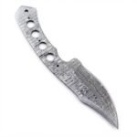 Feather-pattern knife blank with a broad pointed blade, exposed full tang, four large circular cutouts, and smaller holes