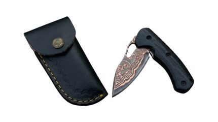 Black Handle Damascus-Style Compact Knife with silver-gray and copper-toned patterned blade, curved black handle and stitched black sheath