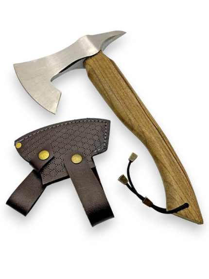Viking Bearded Axe with curved silver-toned blade, brown wooden handle, black cord lanyard, and embossed brown leather-style sheath