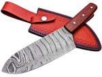 Damascus Pattern Chef Knife with wide silver-gray patterned blade, reddish wood-grain handle, three metallic pins and matching embossed brown sheath.