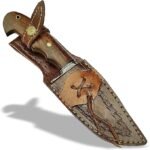 Finger groove handle knife with a brown grain-look grip, decorative pin, lined lanyard hole, and Damascus-style blade with a long groove