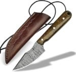 Damascus Pattern Fixed Blade Knife with pointed silver-and-dark blade, brown wood-grain handle, three pins and a rear lanyard hole