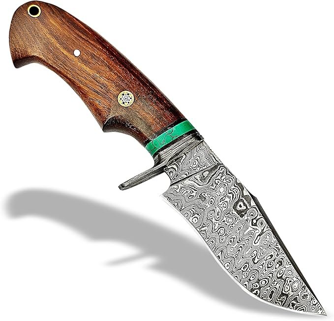 81OjeXuLk-L._AC_SX679_ Damascus Pattern Hunting Knife with curved brown wood-grain handle, green spacer and silver swirling-pattern blade