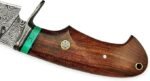 Damascus Pattern Hunting Knife with curved brown wood-grain handle, green spacer and silver swirling-pattern blade