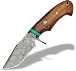 Damascus Pattern Hunting Knife with curved brown wood-grain handle, green spacer and silver swirling-pattern blade