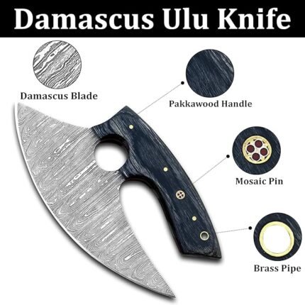 Close-up of Black Handle Damascus Ulu Knife showing flowing silver-grey wave patterns across the curved blade