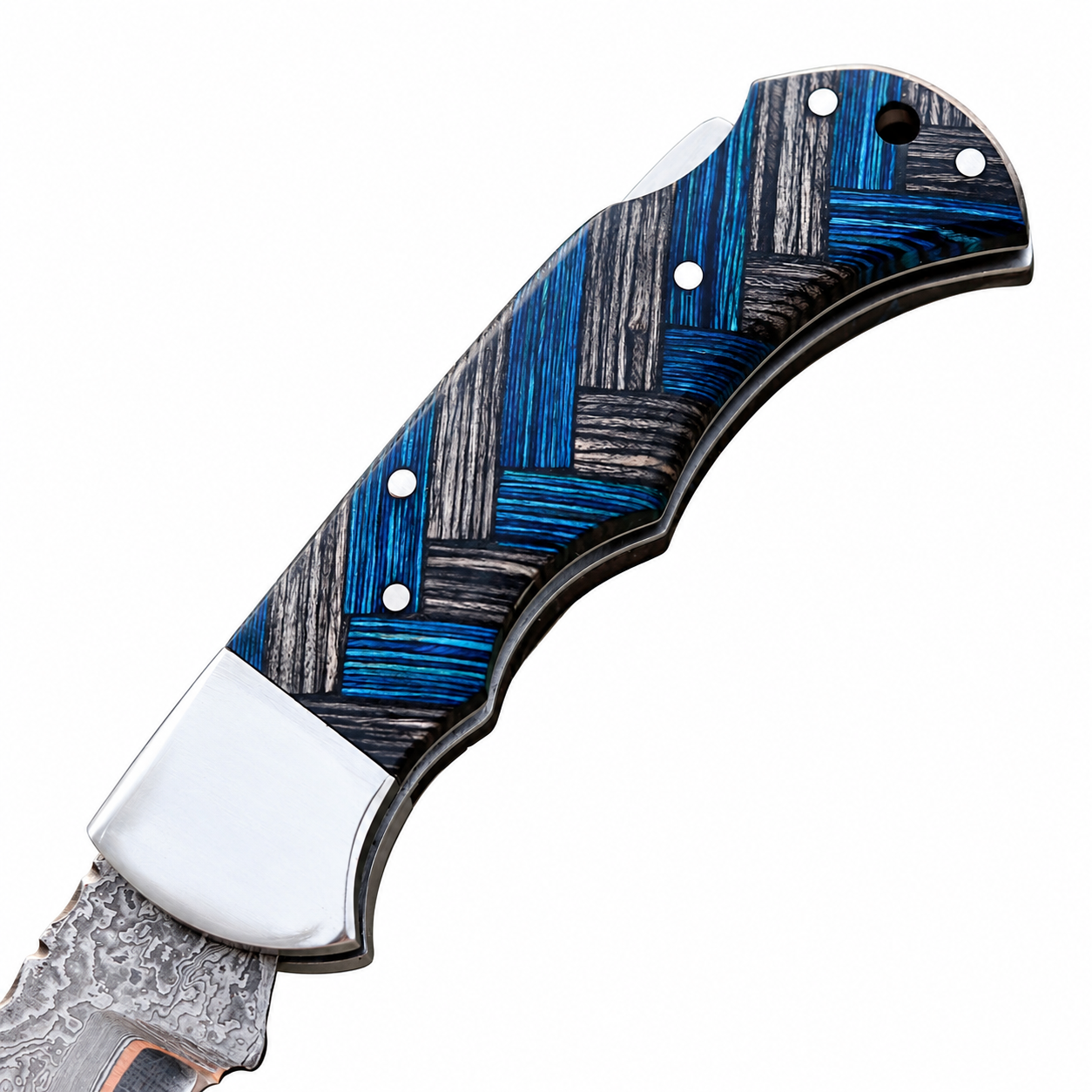Blue Carbon Damascus Folding Knife shown open with silver-gray patterned blade, copper-colored edge accent, polished bolster and blue-black woven-style handle