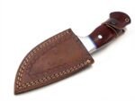 Damascus-Pattern Hunting Knife with silver-gray wavy blade, polished metal bolster, reddish-brown wooden handle and brown stitched sheath
