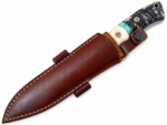 Turquoise Accent Damascus Hunting Knife with a silver-and-black patterned blade, cream-and-dark textured handle, blue marbled spacer, decorative mosaic pins, and a brown stitched sheath.