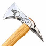 Engraved Skull Viking Axe with polished silver double-curved blade, detailed skull artwork, and long golden-brown wooden handle.