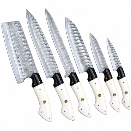 6 Piece Damascus Pattern Chef Knife Set with White Handles