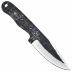 Blackened Hunting Knife Blank with dark textured finish, polished curved blade, full tang handle with pre-drilled holes and measurement ruler on a white background.