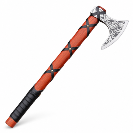 Engraved Viking Axe with ornate silver-and-black curved bearded blade, reddish-brown wood-look handle, crisscross black straps and wrapped lower grip.