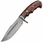 Finger groove handle knife with a brown grain-look grip, decorative pin, lined lanyard hole, and Damascus-style blade with a long groove