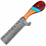 Damascus Steel Cleaver Knife with a broad patterned blade, two-tone wooden handle, turquoise-colored accent, and decorative brown leather-style sheath.