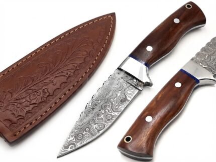 Damascus Pattern Hunting Knife with silver-gray swirling blade, dark brown wood-grain handle, polished bolster and stitched brown sheath.