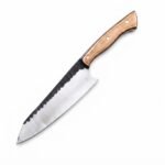 Wood Handle Fixed Blade Hunting Knife with silver drop-point blade, dark scalloped spine, light brown three-pin handle and tan stitched sheath.