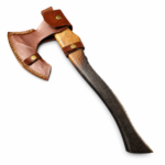 Raven engraved Viking axe with silver and dark grey bearded blade, large bird motif, geometric markings and long golden-brown to black wood-look handle.