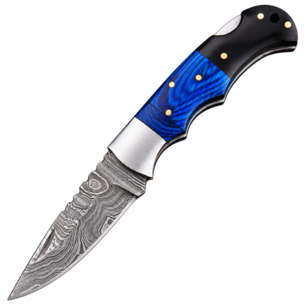 Blue Handle Damascus Hunting Knife with silver-grey patterned blade, royal-blue grip, black handle end and silver bolster