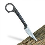 Ring pommel fixed blade knife with satin silver pointed blade, dark wood-grain-look handle, circular rear finger ring and black sheath with tan stitching.