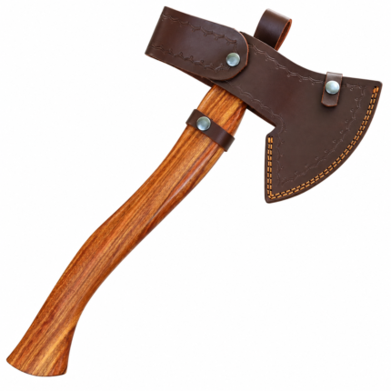 Full side view of Viking-style axe with curved wooden-look handle and fitted brown decorative axe-head cover