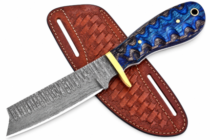 Damascus Style Blade, Blue Black Handle Knife, Cleaver Style Knife, Fixed Blade Knife, Patterned Blade Cutlery, Gold Tone Guard, Decorative Knife Handle, Textured Blue Grip, Basket Weave Sheath, Brown Stitched Sheath, Gold Tone Handle Pins, Lanyard Hole Handle, Decorative Fixed Blade, Collectible Knife, Adult Knife Collector Gift