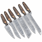 Six Piece Damascus Pattern Kitchen Knife Set displayed with six silver-gray patterned blades and matching black-and-tan decorative handles.