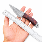 Damascus Pattern Fixed Blade Hunting Knife with silver layered-look blade, reddish-brown wood-look handle, brass-colored pins and metal end cap