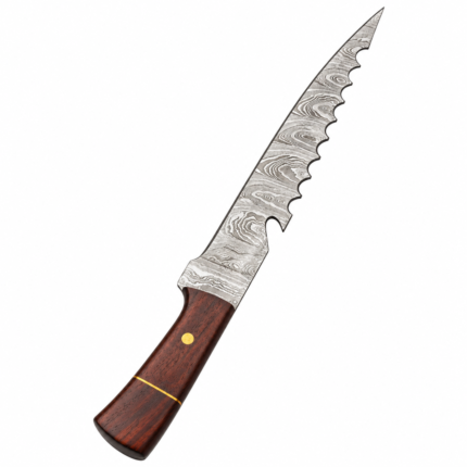 Damascus Steel Fantasy Dagger with long wave-patterned blade, decorative scalloped spine, reddish-brown wooden handle, and brass-colored accents.
