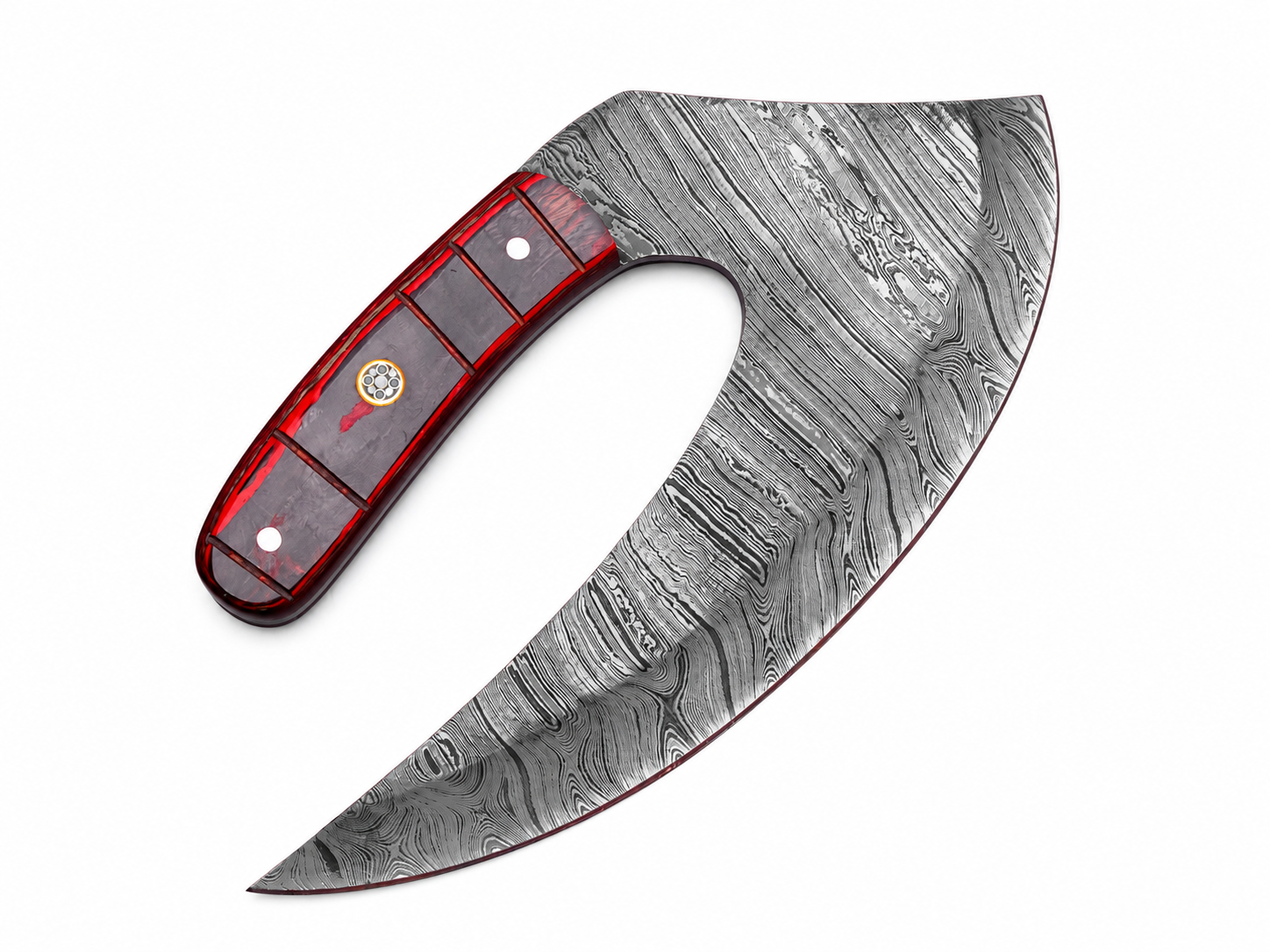 8c4a2394-b29f-4b1d-839d-e07fc8ebbf30 Damascus Crescent Knife with a wide sweeping silver-and-black patterned blade, curved red-and-black handle, silver pins and decorative circular mosaic inlay.