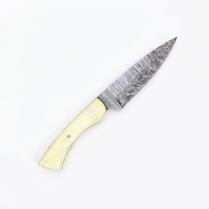 Ivory Handle Damascus Pattern Fixed Blade Hunting Knife with a curved patterned silver-grey blade and smooth cream-colored handle