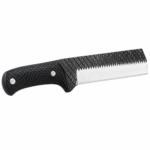 Textured handle cleaver-style knife with a straight silver-colored blade, black diamond-patterned upper surface, and curved crosshatch handle with two circular metallic details