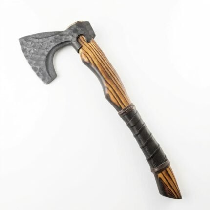Black Wrapped Grip Bearded Hatchet with dark textured metal head, curved lower blade, striped brown wood-look handle and black wrapping
