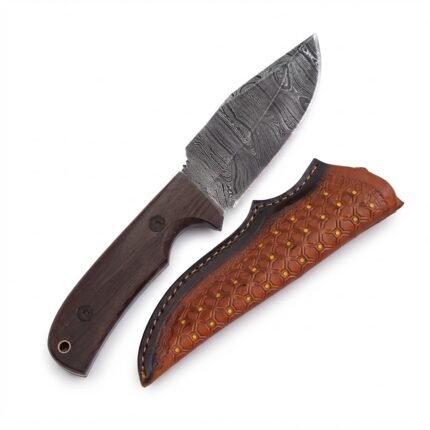 Damascus Pattern Hunting Knife with Dark Wood Handle and Leather Sheath