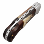 Damascus Horn Handle Folding Knife with Wave Pattern Blade, Cream Horn-Style and Dark Wooden Grip, Silver Bolster and Brown Leather Pouch